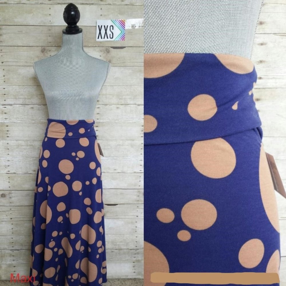 NWT LuLaRoe Maxi Skirt/Dress XXS - Large Tan Polka Dots on Navy
